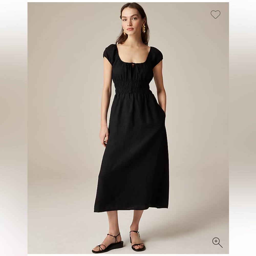 J. CREW BLACK LINEN PEASANT TOP TIE WAIST MIDI DRESS GREAT COND Small/Pet